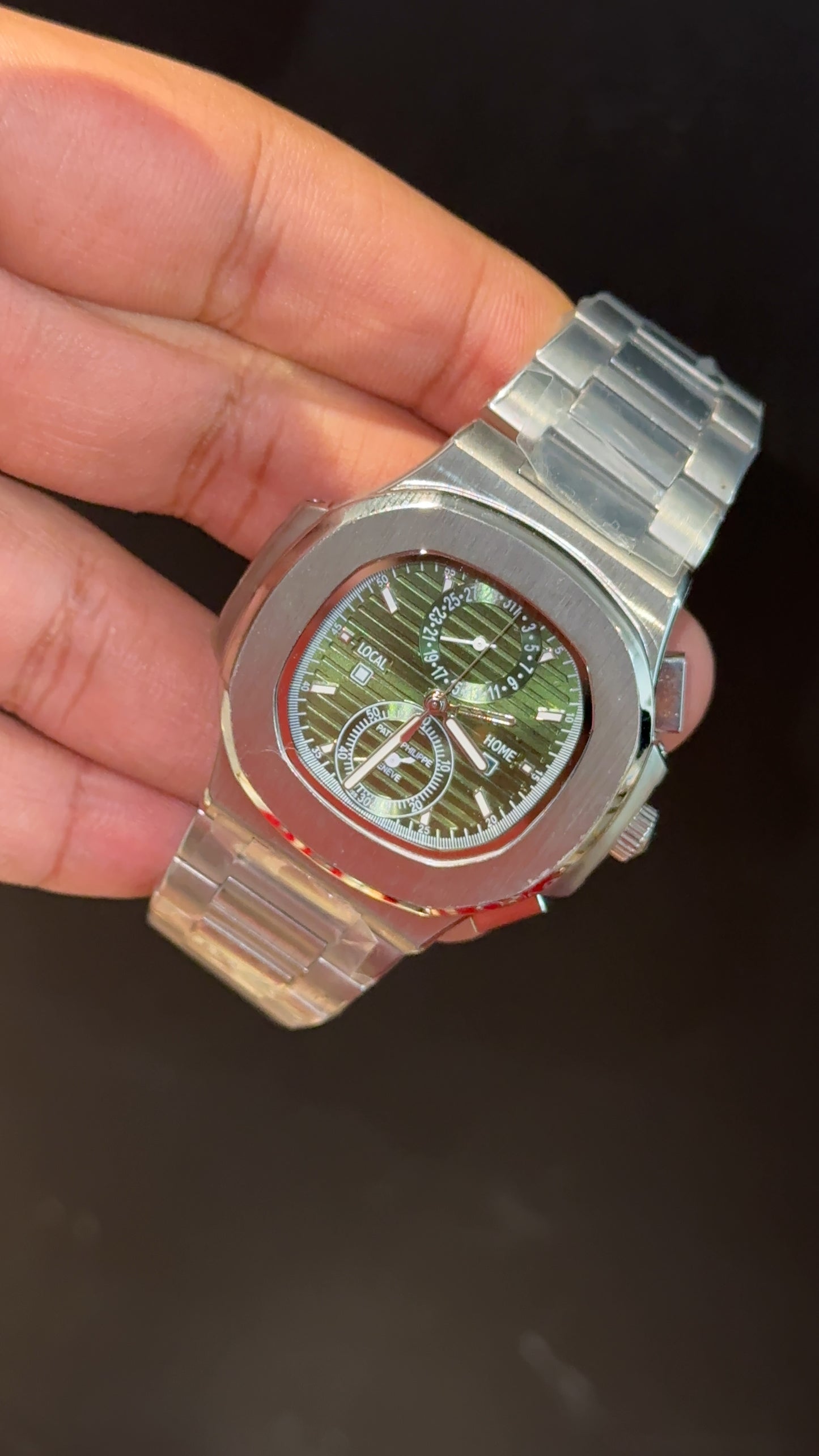 PP Auto | Silver Chain | Dual Time Edition | Olive Green Dial