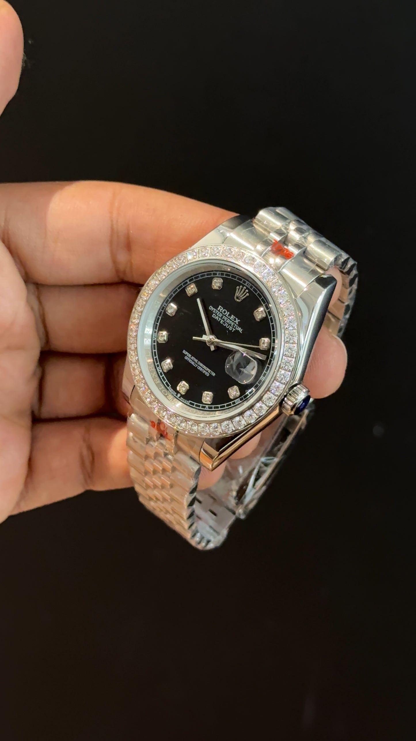 DateJust | Diamond Bezel | Silver Chain | Black Diamond Dial