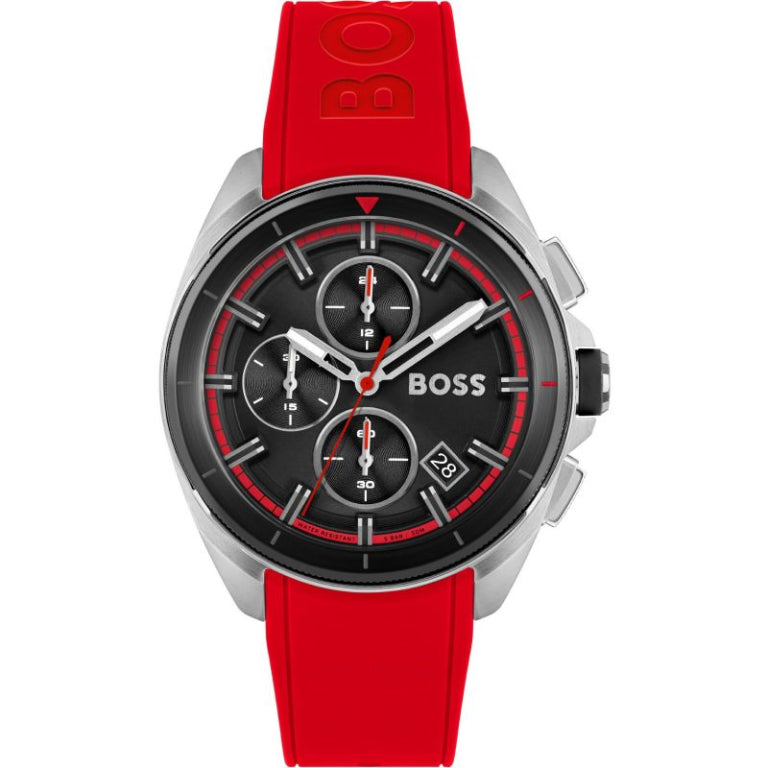 Hugo Boss Men’s Quartz Red Silicone Strap Black Dial 44mm Watch 1513959 - twentyfour