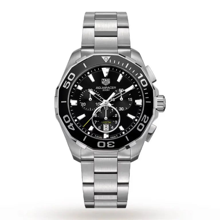 Tag Heuer Men’s Aquaracer Quartz Swiss Made Silver Stainless Steel Black Dial 43mm Watch CAY111A.BA0927 - twentyfour