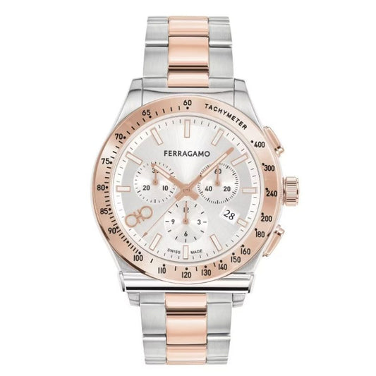 Ferragamo Men’s Swiss Made Quartz Two Tone Stainless Steel Silver Sunray Dial 42mm Watch SFKZ00623
