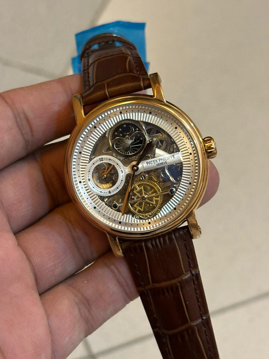 Patek Rose | Brown Leather Strap | Skeleton | Yellow Machine Dial - twentyfour