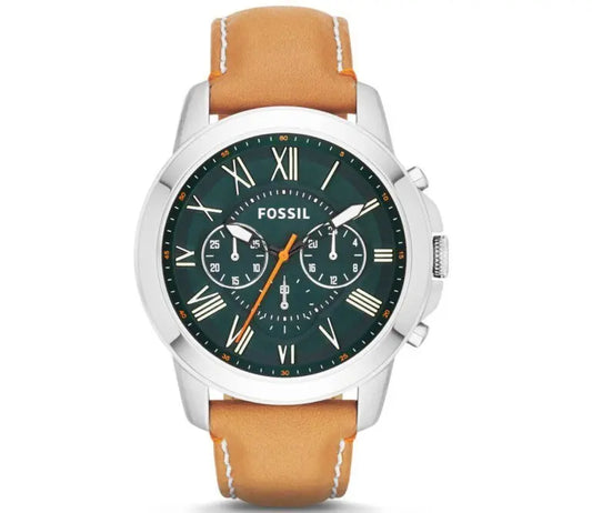 Fossil Men’s Chronograph Quartz Beige Leather Strap Green Dial 44mm Watch FS4918