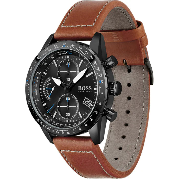 Hugo Boss Men’s Quartz Leather Strap Black Dial 44mm Watch 1513851